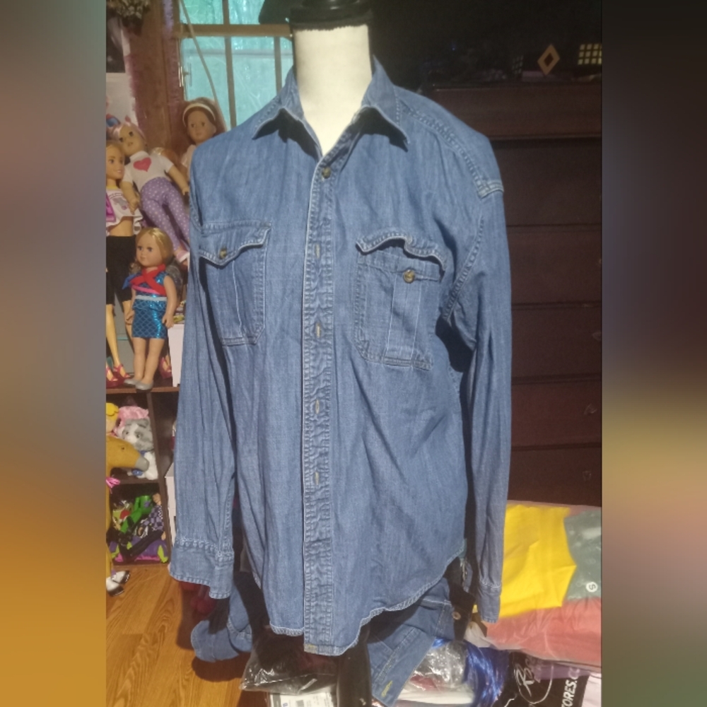 St Johns Bay Medium Mens Blue Denim Button-Up Shirt